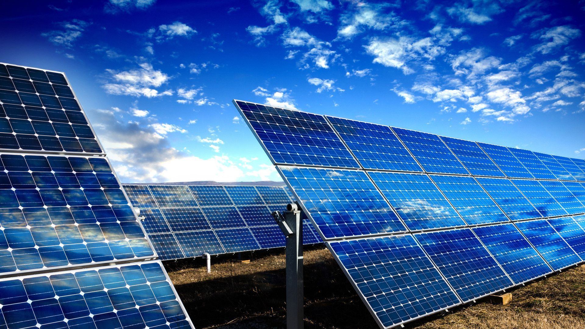 Solar panels beneath a vivid blue sky.