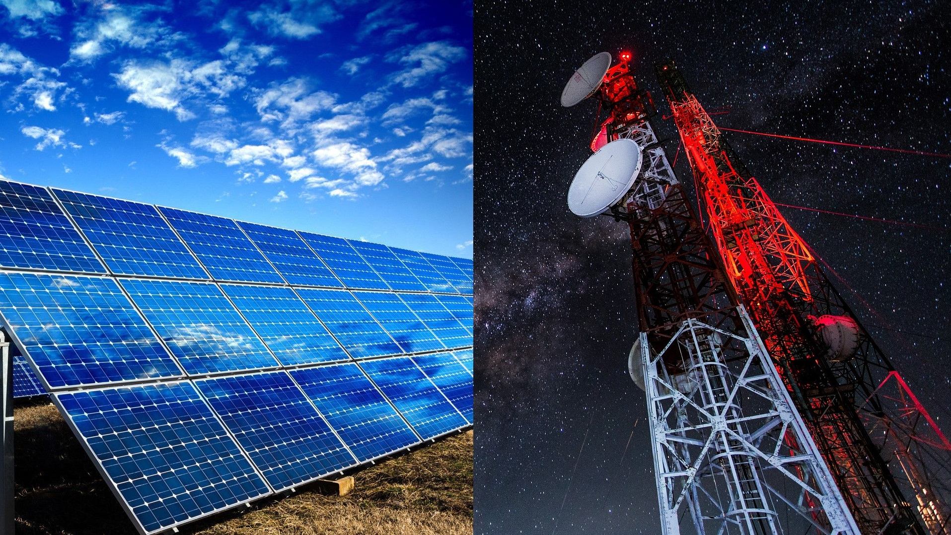 A composite image of solar panels and a night-time communications tower.