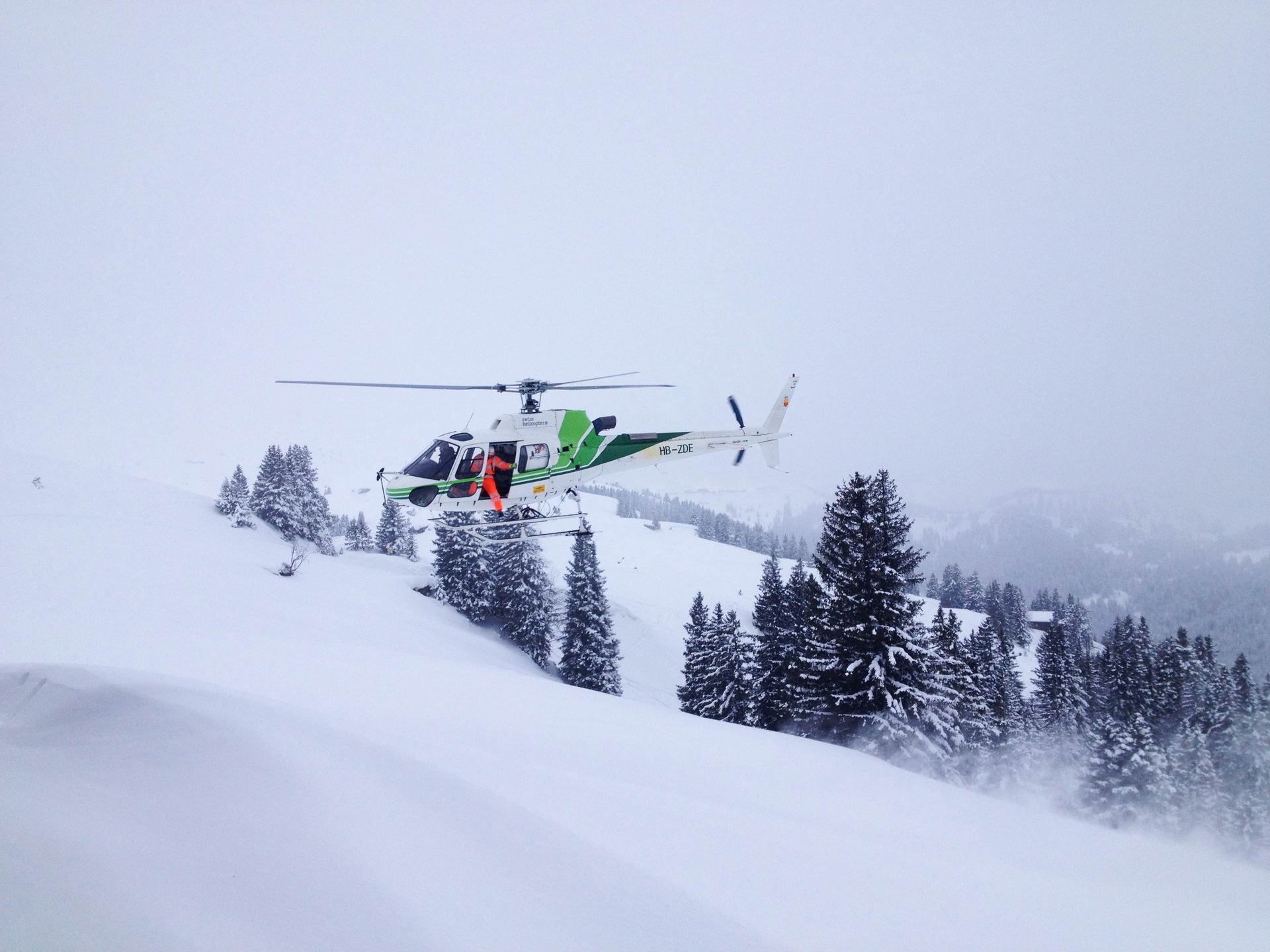 A helicopter above a snowy landscape and conifers.